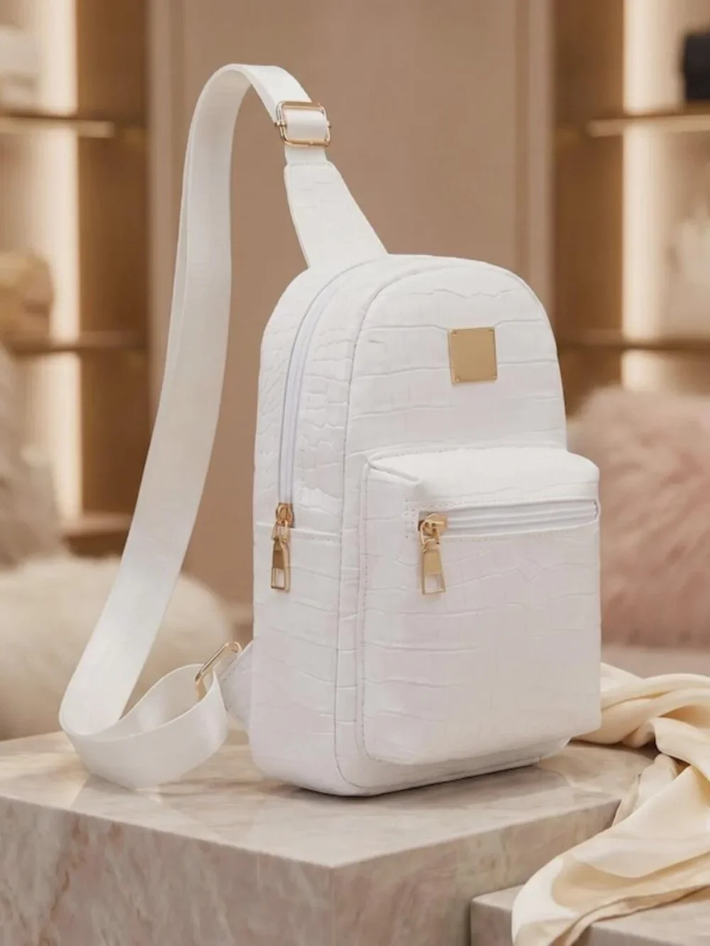 White Croco Embossed Mini Backpack - Faux Leather Sling Bag
